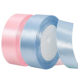 2 Rolls Light Blue Ribbon, 1 Inch x 50 Yards Satin Blush Pink Fabric Ribbon for Flower Bouquets, Gift Wrapping, DIY Crafts, Birthday Cakes, Holiday, Wedding Party and Mother’s Day Decorations