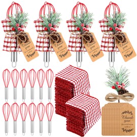 FoldTier 12 Sets Christmas Whisk Baking Supplies Gifts Sets Include Stainless Steel Whisk, Greeting Card, Snowfall Pine Branches, Plaid Towel, Rope for Xmas Neighbor Employee Stocking Stuffers Cooking