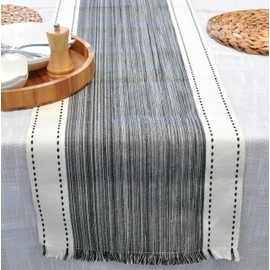 Striped Table Runner with Fringe Organic Cotton Woven Dash Rustic Farmhouse Cloth Dining Table Runner for Kitchen Buffet Table Boho Dresser Scarf Washable Chambray Textured Black / Off White 14"x72"