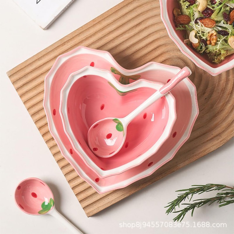 WAIT FLY Heart Shape Ceramic Dinnerware Set, Cute Strawberry Tableware