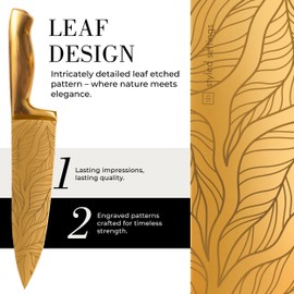 STYLED SETTINGS Gold Knife Set with Block and Built-in Sharpener – 14-Piece Titanium-Coated Blades with Etched Leaves Pattern, Ultra-Sharp Stainless Steel, Durable & Stylish Kitchen Knife Block Set