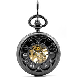 Infinite U Lucky 6 Leaf Clover Roman Numerals Hollow Skeleton Mechanical Pocket Watch Black