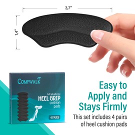 Comfwalk Heel Grip Cushion Pads - 4 Pairs, Self-Adhesive, Shoe Inserts for Loose Shoes, Snug Fit, Blister Prevention, Heel Comfort for Men and Women, Ideal for High Heels (Black, Lip-Shaped)