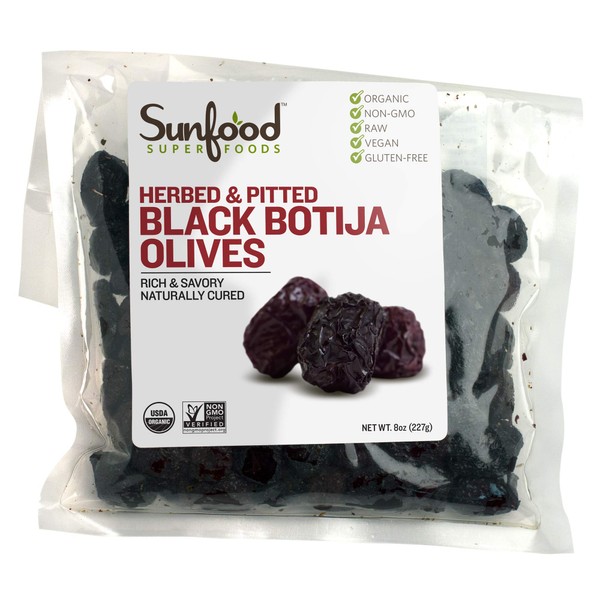 Sunfood Olives, Botija negra, zacate, Pitted, 8 onzas, orgánico, crudo