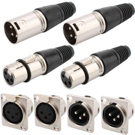 RUNCCI-YUN Pack of 4 3-pin XLR male and female XLR connectors, microphone cable connector, microphone audio jack XLR solder connection + 4 pieces XLR mounting socket, for microphone speaker, silver