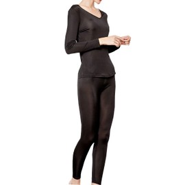 METWAY Women's Silk Long Johns |V-neck Silk Thermal Underwear Sets|Winter Silk Long Underwear Large Black