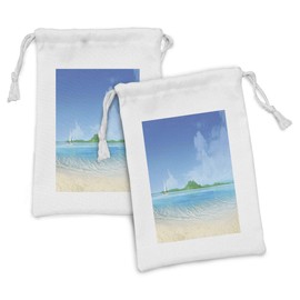 Lunarable Tropical Fabric Pouch Set of 2, Yacht Boat in the Sea Marine Adventure at Island Coastal Charm Picture, Small Drawstring Bag for Toiletries Masks and Favors, 9" x 6", Cream Blue Fern Green