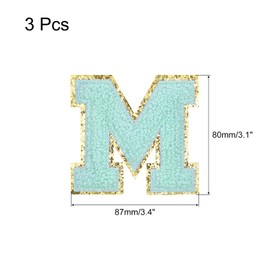 QUARKZMAN Chenille Letters M Patches Large Size 80 mm / 3.15 Inch Iron-On Letters M Patches Golden Glitter Embroidery for Clothes, Shoes, Hats, Backpacks Pack of 3 (Blue)