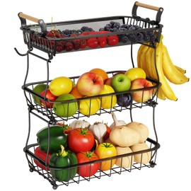 ANTOPY 3 Tier Fruit Basket with 2 Banana Hangers, Countertop Fruit Vegetable Basket Bowl for Kitchen Counter Metal Mesh Basket Fruits Stand Produce Holder Organizer for Onion Potato Bread Snack Veggie