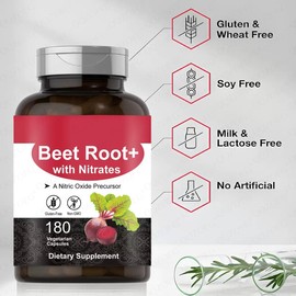 Beet Root 180 Vegetarian Capsules, Beet Root Supplement, Nitric Oxide Support, No Soy Additives, Sugar Free, Gluten Free, Non-GMO