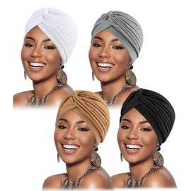 DRESHOW 4 Pack Women Turban African Pattern Knot Headwrap Beanie Pre-Tied Bonnet Chemo Cap Hair Loss Hat