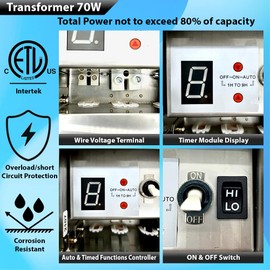 Low Voltage Transformer for Landscape Lighting - 70 Watt Stainless Steel Landscape Lighting Transformer with Timer and Photocell, Multi-Tap 120V to 12V 15V Weatherproof for Pathway, Spot Lights (70)