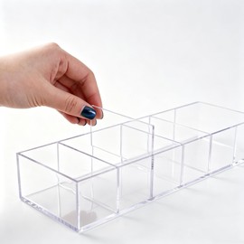 DYMSUP 6-Compartment Clear Acrylic Organizer with Detachable Dividers, Eyeshadow Palette & Cosmetic Holder for Vanity Drawer, Cosmetic Station & Makeup Desktop
