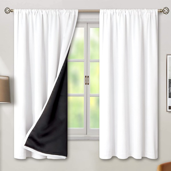 BGment Thermal Insulated 100% Blackout Curtains for Bedroom with Black Liner, Double Layer Full Room Darkening Noise Reducing Rod Pocket Curtain (42 x 63 Inch, Pure White, 2 Panels)