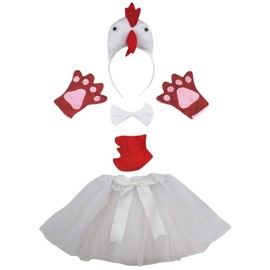 Petitebelle Hen Headband Bowtie Tail Gloves Tutu 5pc Girl Costume 1-10y (White, 1-5 Years)