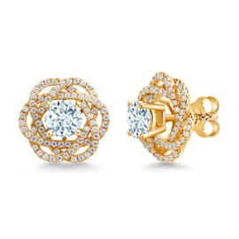 Gem Stone King 18K Yellow Gold Plated Silver Round 6MM Gemstone Birthstone Stud Earrings with White Moissanite Removable Earrings Jackets For Women