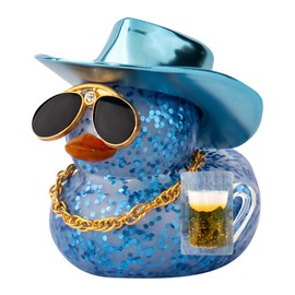 wonuu Car Decorations Beer Rubber Ducks, Dashboard Rubber Ducky for Car Ornament Cute Duck with Laser Cowboy Hat, Glasses, Necklace, Golden Beer-Blue