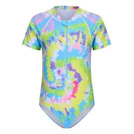 Zestonie Big Girls One Piece Rash Guard Swimsuits for Kids Girls Short Sleeve Bathing Suits with Front Zipper Swimwear Mix Green Tie Dye Size 12/10-12 Years