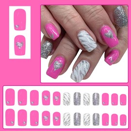 RIICFDD Valentine Press on Nails Medium Length Fake Nails Square False Nails Silver Glitter Love & Curve Glue on Nails Pink Acrylic Nails Full Cover Stick on Nails for Women Girls Nail Art 24 Pcs