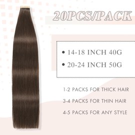 Human Hair Tape in Hair Darkest Brown 22 Inch 20pcs Seamless Skin Weft Tape in Hair Extensions Straight Double Sided Remy Invisible Tape in Hair Extensions Human Hair (2#,22 Inch)