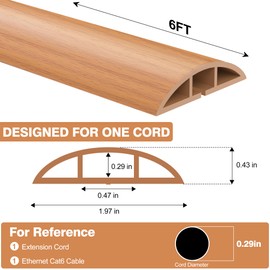 CrocSee 6ft Self-Adhesive Floor Cord Cover for Wires, Low Profile Cord Hider Cable Management, Trimmable PVC Cord Protector - Cord Cavity = 0.47" (W) x 0.29" (H) - Wood Brown