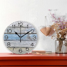 White and Blue Wood Texture Wall Clock Battery Operated Non Ticking Silent Quartz Analog Rustic Farmhouse Round Clock Retro Decor for Home Kitchen Living Room Bathroom