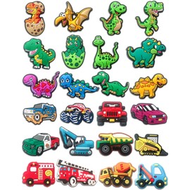 Car & Dinosaur Shoe Charms for Boys, 24 PCS Dino & Truck Shoe Decoration Pins for Clog, Cute Shoe Accessories for Kids Party Favor Gifts