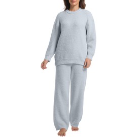 BOSECETA 2 Piece Fleece Pajamas for Women Set Loungewear Outfits Knit Sweater Womens Long Sleeve Fuzzy Pajama Sets (US, Alpha, Small, Regular, Regular, Light Blue)