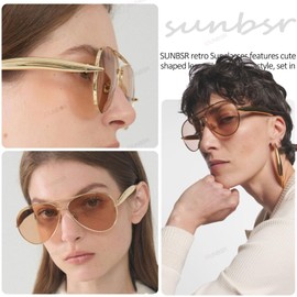 SUNBSR Oversized Aviator Sunglasses for Women Men 70s Trendy Sardine Big Sun Glasses Gold Metal Frame Shades (Gold/Champagne)