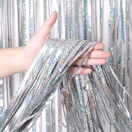 BTSD-home Holographic Silver Laser Foil Fringe Curtain, Metallic Photo Booth Tinsel Backdrop Door Curtains for Wedding Birthday Baby Shower Bachelorette Party Decorations(4 Pack, 12ft)