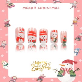 Christmas Press on Nails Medium Square French Tip Fake Nails Pink False Nails with Designs Cute Snowmans & Chrismas Tree Glossy Glue on Nails Xmas Acrylic Nails for Women Girls 24 Pcs
