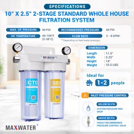 Max Water 2 Stage (Sediment, Odor & Improving Taste) Whole House 10 inch, Standard Water Filtration System with Pressure Gauge - Clear Housing - Sediment + CTO - ¾ Inlet/Outlet
