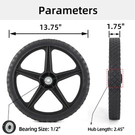 GICOOL 14 x 1.75'' Spoked Plastic Wheel and Tire, 2.45" Hub Length, 1/2" Inside Bearing, Universal Replacement Wheel for Lawn Mowers and DIY Trolley Wagon Cart, 2 Pack