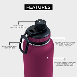 BOZ Stainless Steel Water Bottle - Vaccum Insulated Water Bottle 32 Oz - Wide Mouth BPA Free Sport Water Bottle for Gym with Spout Lid - Thermal Hot & Cold 1 Litre Plum Waterbottle