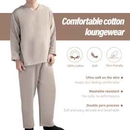 YUKITAC 100% Cotton Gauze Pajamas Set for Women & Men - Breathable Soft Sleepwear, Loose-Fit Lounge Wear with Elastic Waistband(S-XL) (AU, Alpha, X-Large, Regular, Regular, Gray-Blue (Plain Weave))
