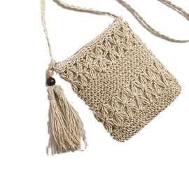 Women Straw Woven Bag, Straw Satchel Weave Bag Hand Knitting Square Shape Tassels Woven Bag for Beach Dating(Beige)