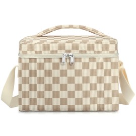TESAFNG Insulated Lunch Bag for Women, Cute Corduroy Reusable Lunch Box for Adult, Leakproof Cooler Bag for Work Office Travel Picnic, Lunch Tote Bag with Adjustable Shoulder Strap (Checkered Khaki)