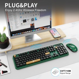 Wireless Keyboard and Mouse Combo, 104 Round Keys Cute Colorful Keyboard and Mouse with Retro Typewriter for PC/Mac/Laptop/Tablet/Computer/Windows Green