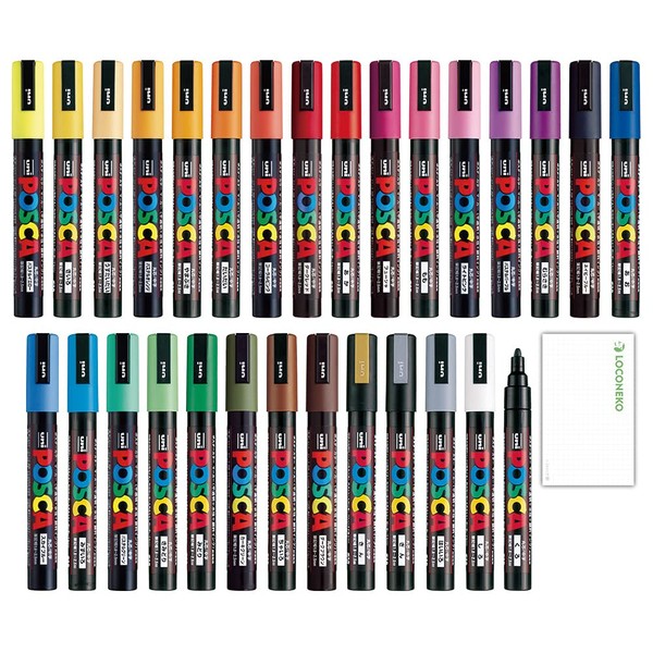 Mitsubishi Pencil Uni Posca Water-Based Markers, Medium Point, Round Tip, PC-5M, 29 Color Set + Rokoneko Test Brush Card