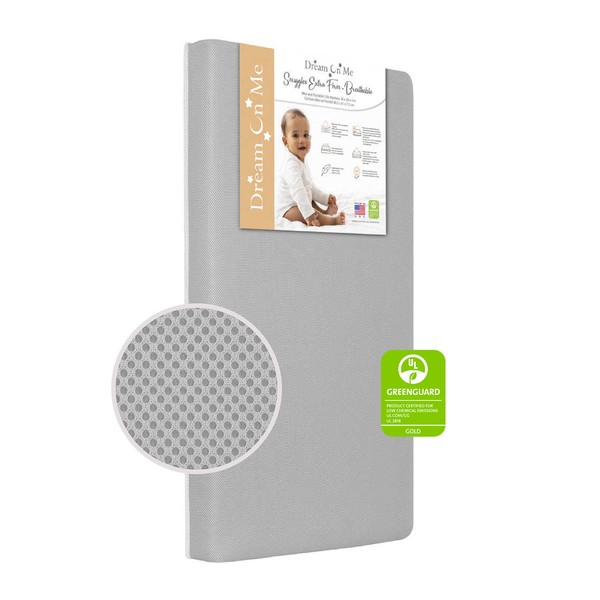 Dream On Me Snuggles Extra Firm Fiber Portable and Mini Crib Mattress in Grey, Greenguard Gold Certified, Soft Breathable Mesh Cover, Lightweight Baby Mattresses for Cribs