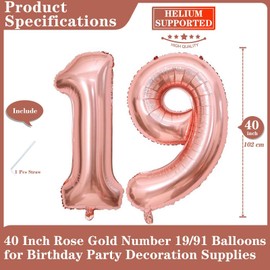 Rose Gold 19 Number Balloons, 40 Inch Giant Number 19 Balloons Foil Mylar Helium Rose Gold Number Balloons for 19th Birthday Party Supplies Anniversary Event Celebration Decorations