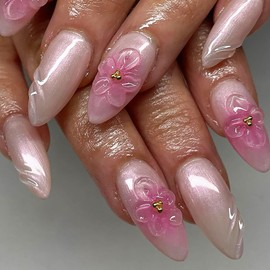 Press on Nails Medium Almond MABKJLF Pink Fake Nails False Nails with Designs 3D Flower Swirl Full Cover Glossy Glue on Nails Stick on Nails Acrylic Nails for Women Girls 24 Pcs