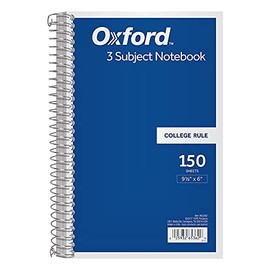 Oxford 3-Subject Notebook, 6" x 9-1/2"; College Rule, 150 Sheets, 2 Dividers (65362),Assorted Colors