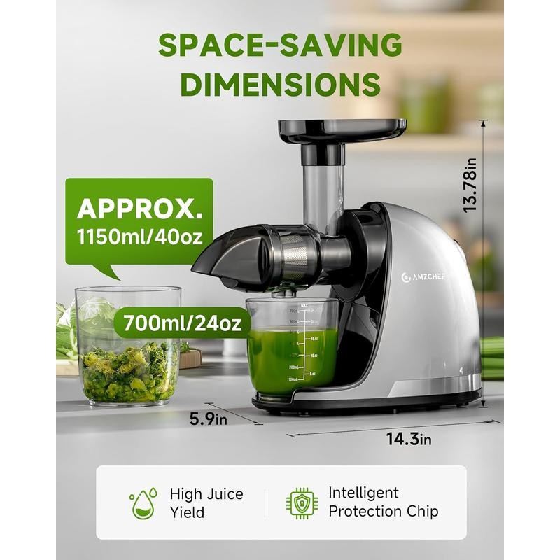 AMZCHEF ZM1501 Masticating Juicer with Quiet Motor, Cold press Juicer