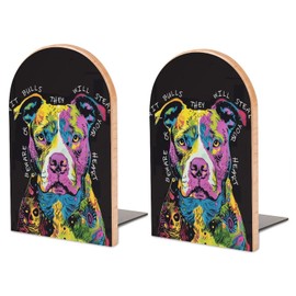 DUXJSOO Punk Pitbull Dog Graffiti 2 PCS Wood Book Ends Bookends for Shelves Non Skid Book Ends for Office Home Kitchen, Bookends for Holding Books 6.7 * 4.7inch, Style