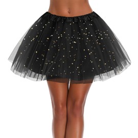 FSPwg Women's Tutu Skirt Glitter Tulle Petticoat, Adult Elastic 3 Layer Sparkle Bubble Dance Skirt Party Costume for Teen (CA/US, Alpha, One Size, Regular, Regular, Black)