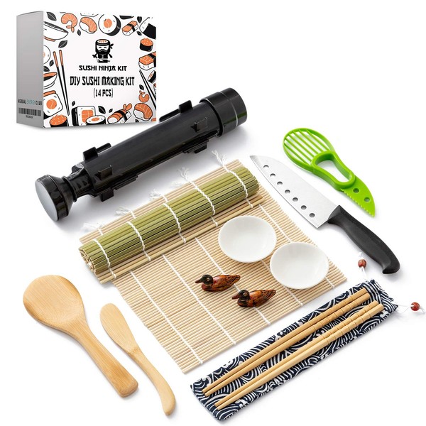 Sushi Ninja Sushi Making Kit for Beginners - Sushi Bazooka Sushi Maker Kit with Bamboo Sushi Rolling Mat, Sushi Knife, Avocado Slicer, Chopsticks, Rice Paddle, Rice Spreader & DIY Sushi Roller Guide