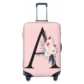 Elastic Travel Luggage Cover Cute Pink Suitcase Protector Bag,Black Letter A With Boho Floral Flowers Leaves Anti-Scratch,Dust-Proof Washable Baggage Covers For Kid Adult,M (For 22-24 Inch Luggage)