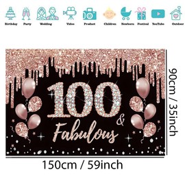 Tecreo 100th Birthday Decorations, Black and Rose Gold, Party Decoration, Fabric Sign, Hanging Poster, Backdrop Banner, Welcome Sign, Vinyl, 150 cm x 90 cm, 4 Copper Eyelets