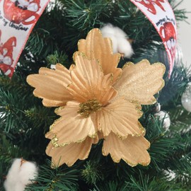 FuleHouzz 10 PCS Glitter Poinsettias Artificial Christmas Flowers Large Xmas Tree Ornaments for Wreath New Year Party Wedding Decorations, Light Gold